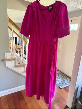 DKNY Bright Fuchsia V-Neck Tiered Midi Dress